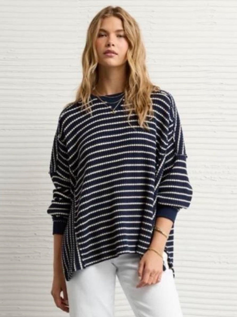 American Eagle Oversized Navy Striped Crewneck Top xs